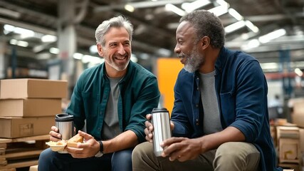 Two ethnically diverse warehouse workers share a laugh over sandwiches on a crate during lunch thermos cups steaming cardboard boxes and pallets surrounding them sunlight from - Powered by Adobe