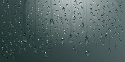 Realistic water drops and flowing rain streaks on glass surface background