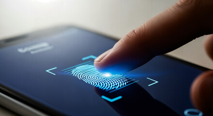 Biometric security, Finger unlocking a smartphone using fingerprint recognition. Digital identification and access technology, ensuring data protection.