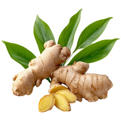 Fresh ginger root with vibrant green leaves culinary spice ingredient natural food health