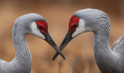 Fototapeta premium crane birds with their heads touching each other's beaks,