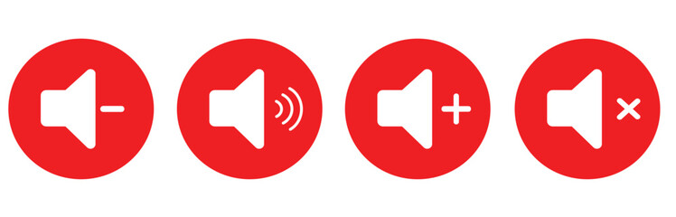 Audio Control Icons Vector Set with Volume Up, Down, Mute, and Sound On Symbols in Red Circles