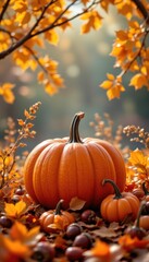 Naklejka premium Cozy Autumn Scene with Pumpkins and Falling Leaves
