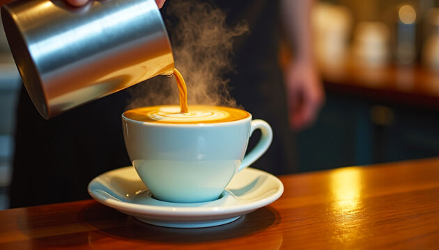 Barista pouring steaming latte art into a white cup on a wooden counter