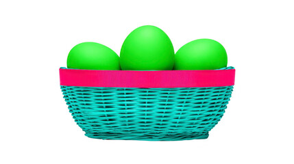 Fototapeta premium Green egg blue basket pink rim isolated three wicker Easter decoration cheerful holiday celebration vibrant colorful spring festive traditional arrangement closeup horizontal object nobody simple