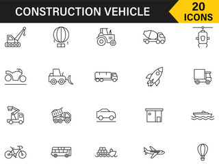 Construction vehicle icon set in line style. Van, tower crane, tractor, vacuum, truck, mixer, dump, concrete, pump, skid steer, boom lift and more symbol collection. Vector illustration.