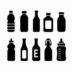 Plastic bottle black icon set isolated on transporent. Water bottle flat style set. Pet bottle plastic. Small and large bottles for water, milk and other drinks. Vector icon.