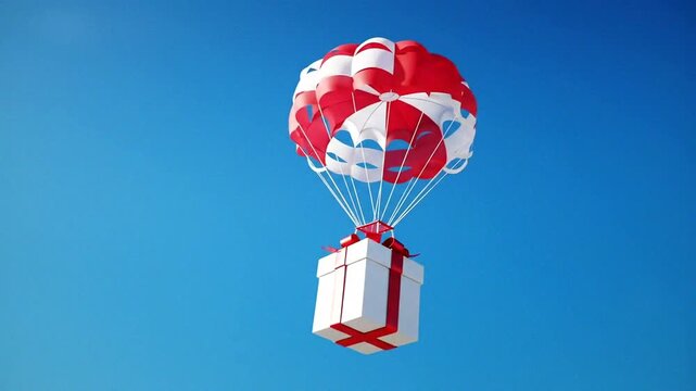 A festive gift delivered by a parachute against a clear blue sky, embodying joy and celebration.