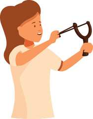 Young girl aiming with a slingshot, enjoying outdoor activities and games