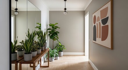 Fototapeta premium Elevate your home with this stunning hallway showcasing an elegant mirror, lush plants, and chic artwork for a modern, minimalist interior design concept