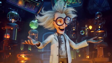 Mad scientist with wild hair laughs maniacally in his laboratory filled with bubbling potions and strange contraptions, creating a scene of comic chaos and thrilling scientific discovery