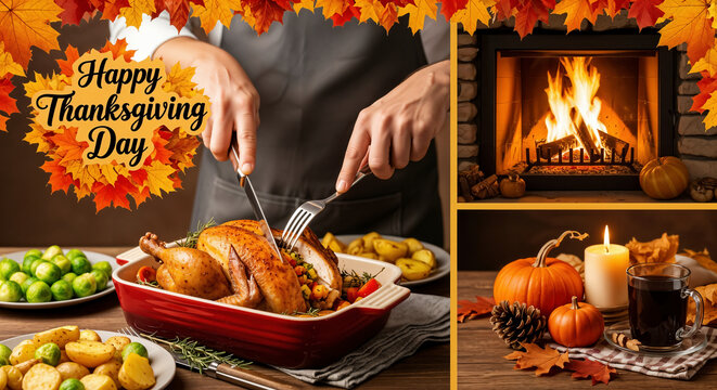 Cozy Thanksgiving Day dinner collage, Carving roasted turkey, warm fireplace, autumn decor, and festive greeting text.