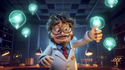 Animated scientist character excitedly shares breakthrough technology in his laboratory, a futuristic and playful take on innovation and discovery, perfect for science education - Powered by Adobe