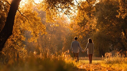 Romantic autumn scene of couple walking hand in hand through park, surrounded by vibrant fall foliage and bathed in golden sunlight. Ideal for lifestyle, seasonal, relationship themed projects