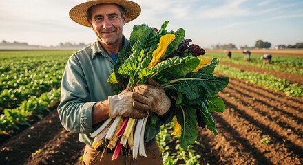 Farmer holding bunch of freshly harvested mangold in field, earthy tones, authentic organic farming lifestyle concept