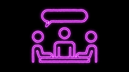 Colorful glowing purple neon icon of three stylized people around a table with a speech bubble, representing a team meeting, discussion, or collaboration, isolated on black background.