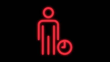 Red glowing neon vector icon of a stylized person standing next to a clock symbol, representing time management and personal scheduling, isolated on black background