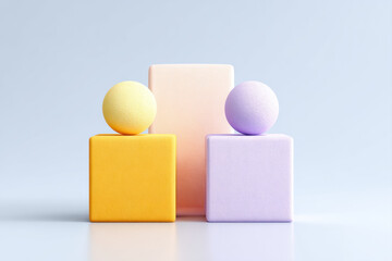 Minimalist composition with pastel colored cubes and spheres in soft yellow, peach, and lavender tones creating calm and balanced scene