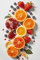 "Fresh pomegranate seeds and orange slices background with vibrant colors, tropical summer fruit composition, healthy organic food concept"