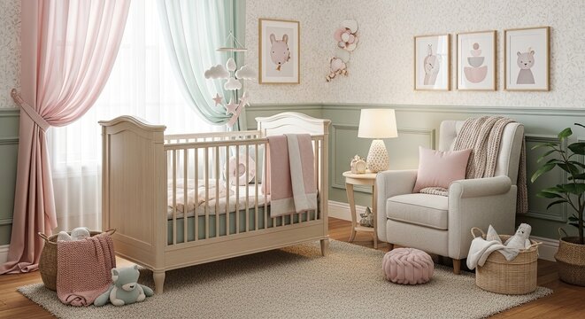 Dreamy nursery with soft pastel colors creates a serene and comforting atmosphere, perfect for a sweet baby's room with adorable decor and calming vibes