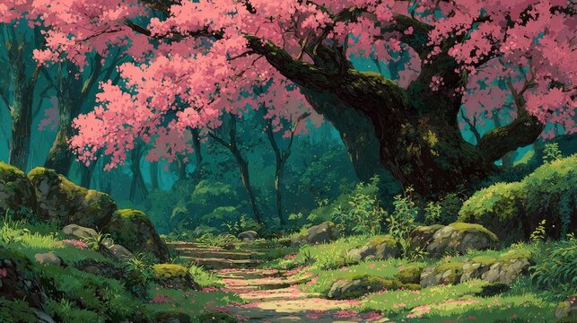 A serene Anime background or wallpaper showcasing a cherry blossom forest with petals drifting lazily in the soft breeze