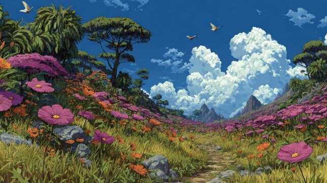 Anime background or wallpaper showcasing a hidden valley of giant flowers butterflies the size of birds fluttering past