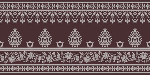Indian ethnic pattern with elegant floral and leaf motifs in seamless design creating beautiful traditional decorative border