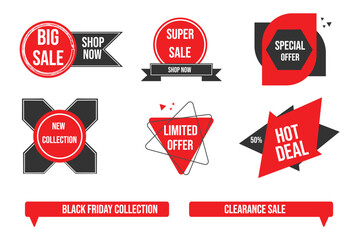 Red sale badges set for discounts and special offers.Ideal for online shops,banners,ads,social media and marketing.Fully editable vector graphics.Change text,colors and size instantly anywhere