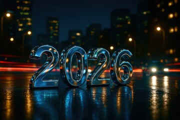 The numbers 2026 are shown in a city at night