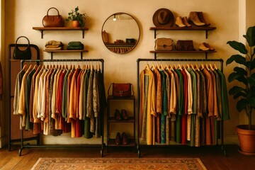 A store with clothes on racks and a mirror