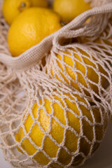 Trendy Net Bag with Yellow Lemons – Minimal Fashion Flat Lay on White Background