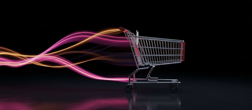 Shopping cart accelerating with speed lines, representing fast retail checkout, online shopping, and efficient digital ecommerce processes on a dark background