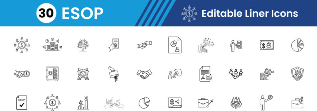 Esop glyph Icon set, Including Stock Certificate, Pie Chart, Growing Graph, Employee, Money Bag, Stock Up Arrow, Pie Graph, Investment, Growth, Shareholder Vector line Icons illustration