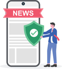 Businessman carrying checkmark icon next to newspaper illustration of quality and good news

