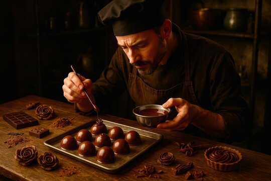A man in a chef's hat is decorating a tray of chocolate treats