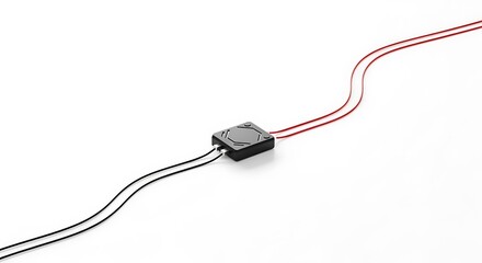 Black electronic component with red and black wires on white image