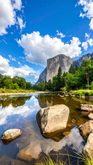 A majestic natural landscape, clear water reflecting the sky, rock and mountain under a bright blue sky