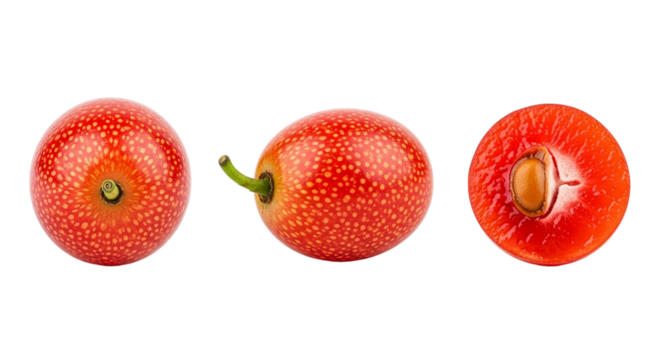 Muntingia Calabura Fruit Close Up A Tropical Berry Trio on Display Rich Red Tones Detailed on transparent background