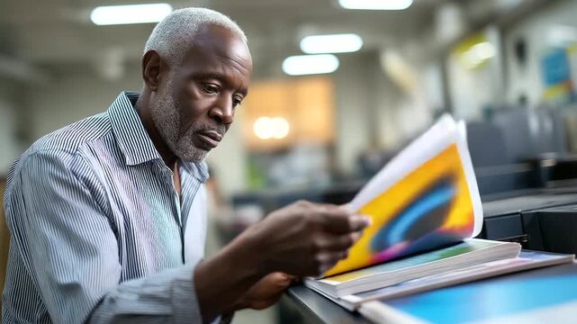 A senior Black man in a modern printing house selects a thick sheet of glossy paper from a rack his fingers testing the texture colorful posters hanging on walls machines