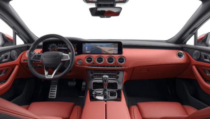 Sophisticated automobile interior with coral leather appointments and advanced tech behind
