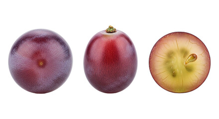 Three Ripe Grapes with Sliced Half Close Up Photography Fruit Nutrition Macro Food Still Life on transparent background