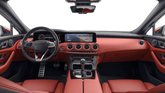 Sophisticated automobile interior with coral leather appointments and advanced tech behind