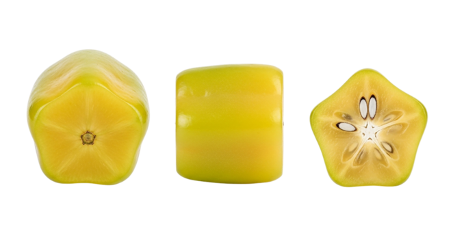Carambola Star Fruit Variety Whole Cube and Cross Section Fresh Yellow Tropical Food Still on transparent background - Powered by Adobe