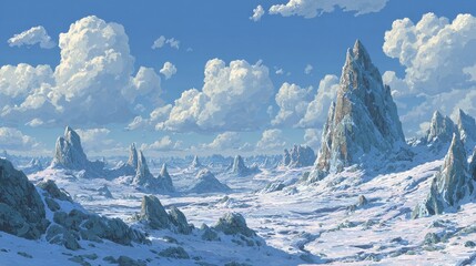 A chilling Anime background or wallpaper of a frozen wasteland jagged ice spikes jutting from endless snow plains
