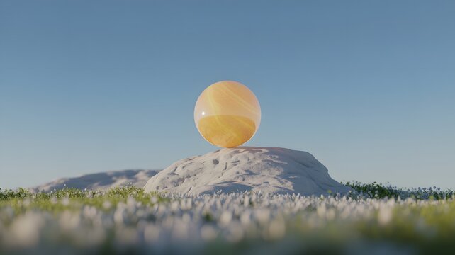 Golden easter egg balanced precariously on a rocky mountain peak under a clear blue sky with soft green foliage in the foreground