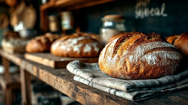 Freshly Baked Artesian Bread Loaves on Rustic Wooden Counter in Cozy Bakery Setting