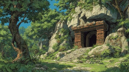 A lush Anime background or wallpaper of a jungle temple with ancient carvings waterfalls and hidden treasure