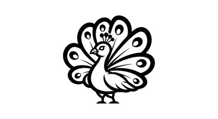 Elegant Peacock Illustration with Intricate Feather Details in Black and White.