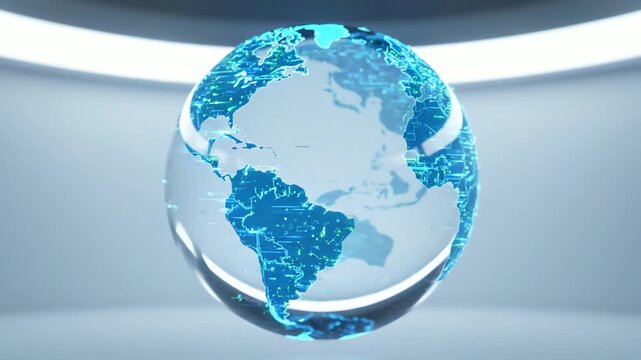 Transparent globe illuminated with digital network in modern interior setting