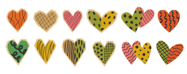 Collection of torn paper hearts with checkered patterns. Colorful cutout heart shapes featuring rough edges and handmade doodle style. Vector love-themed illustration